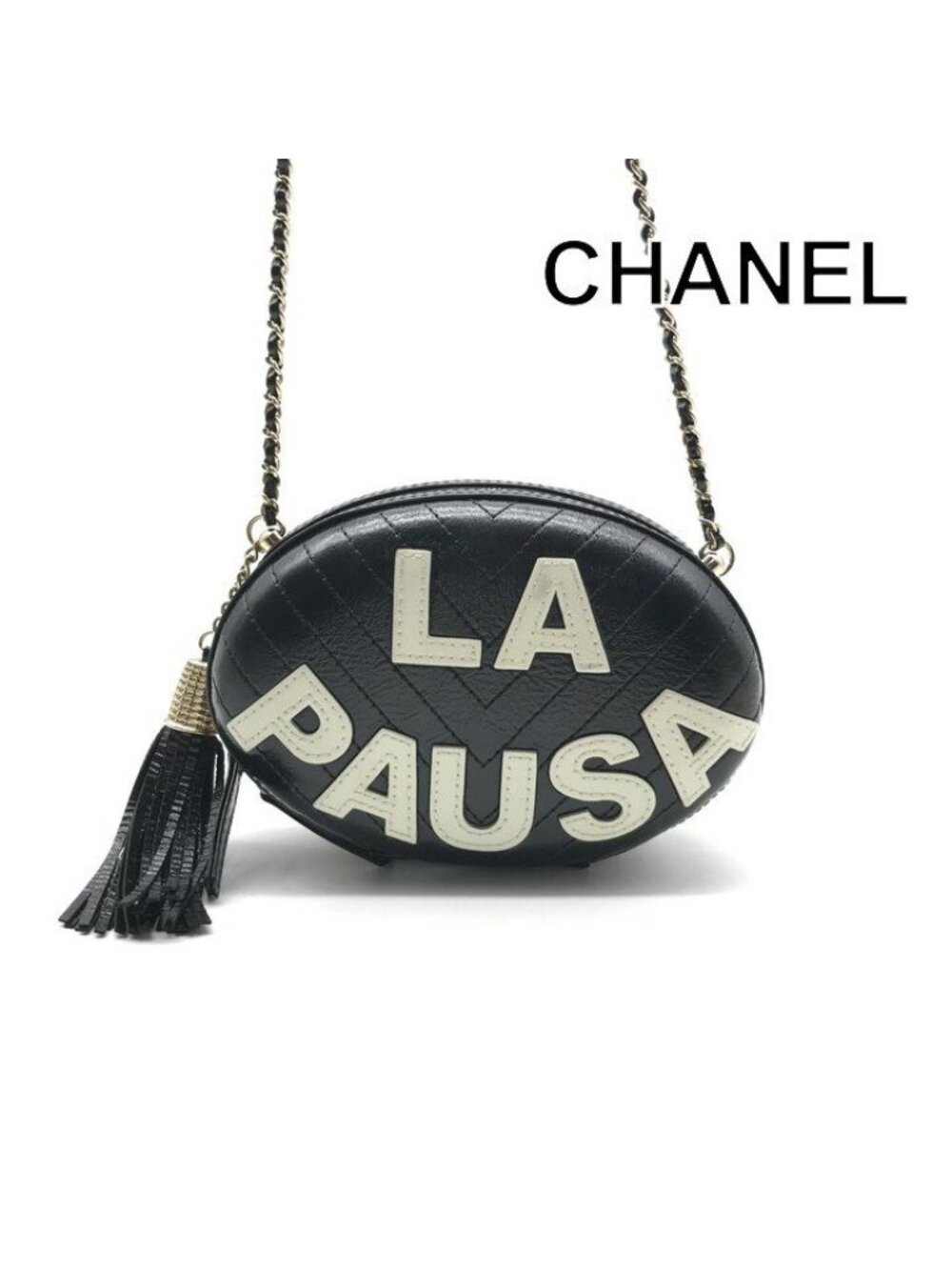 Chanel la Pausa CC Logo Fringe V-stitch Chain Shoulder Bag Leather Black